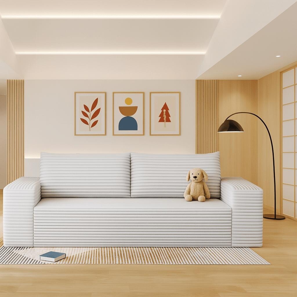 Modern Corduroy Fabric Upholstered Frameless Sofa Couch, For Apartment Living Room Den Entertainment Room