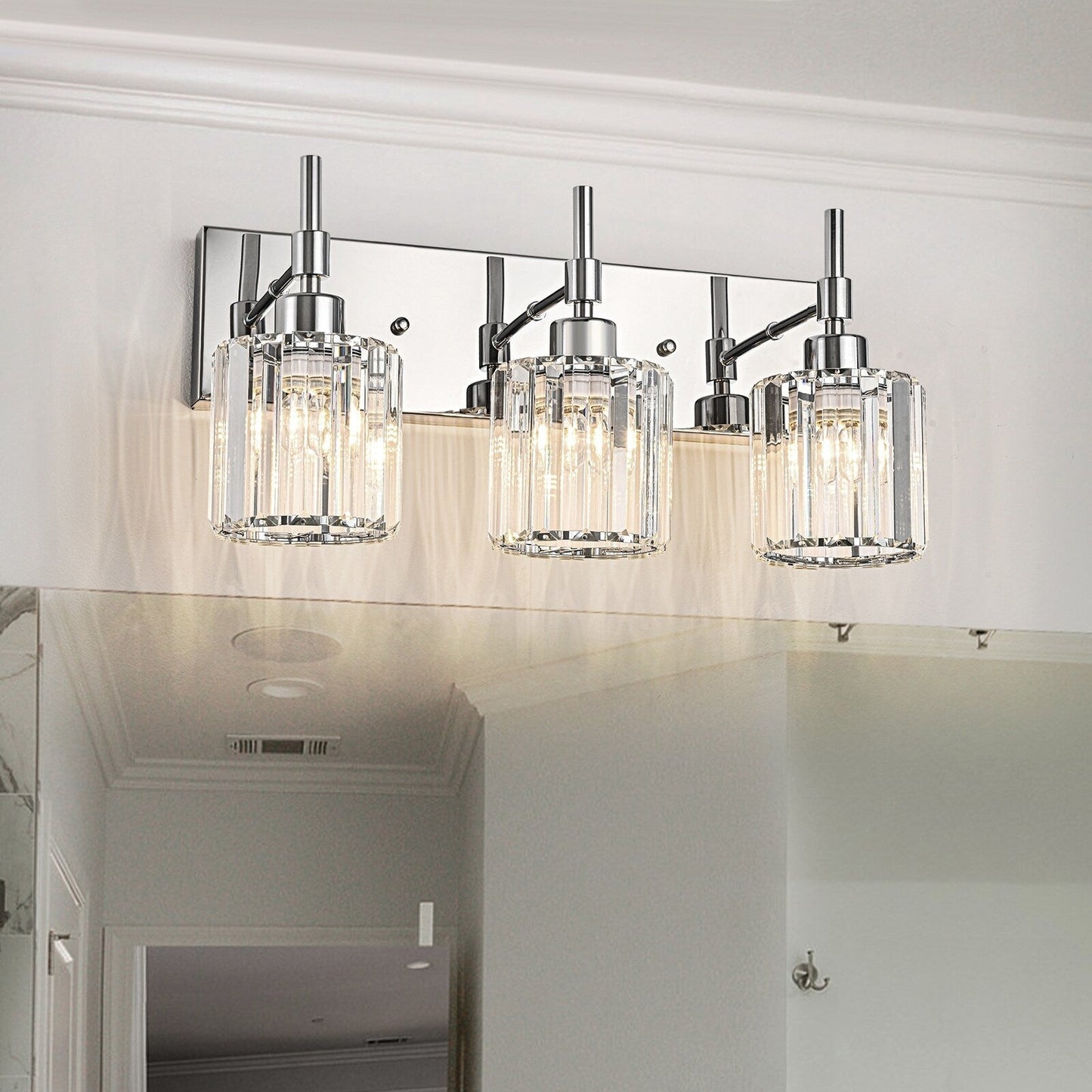 Moderne dimmbare Kristall-Badezimmer-Wandleuchten mit Waschtischleuchten und Kristallschirmen