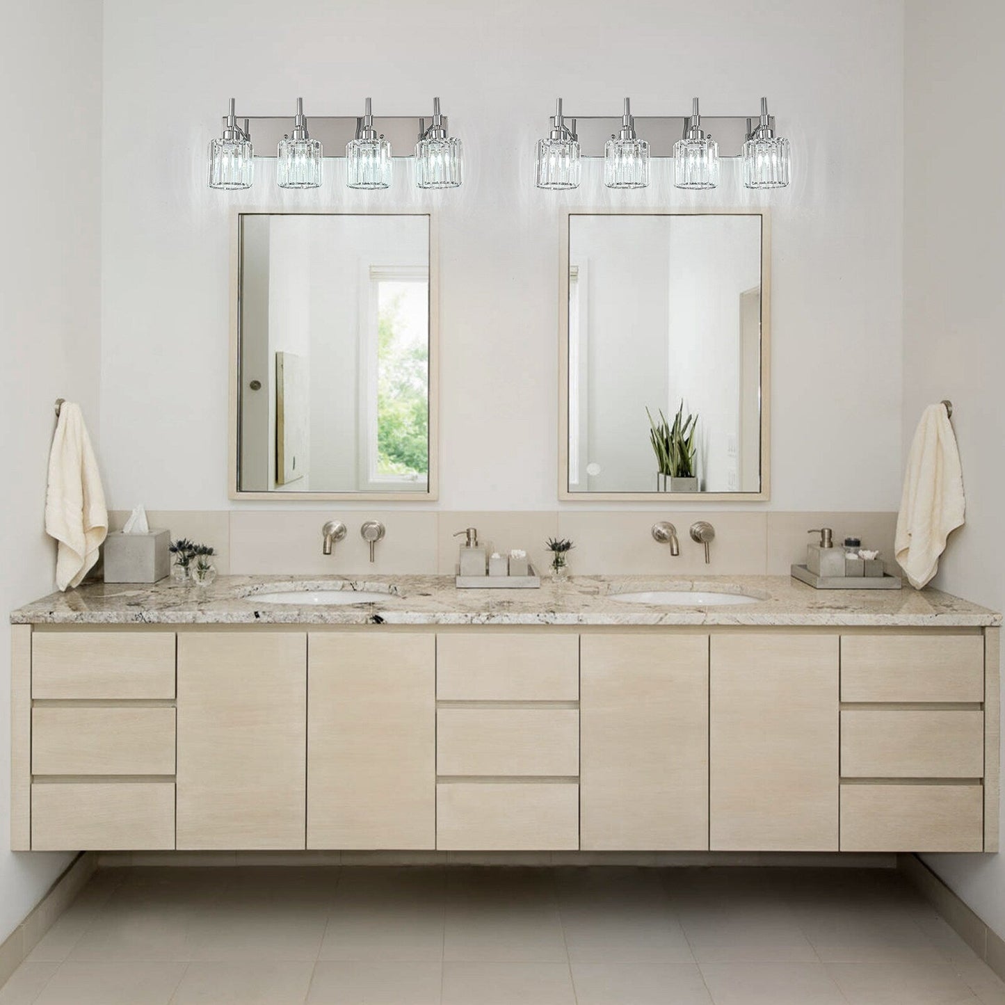 Moderne dimmbare Kristall-Badezimmer-Wandleuchten mit Waschtischleuchten und Kristallschirmen