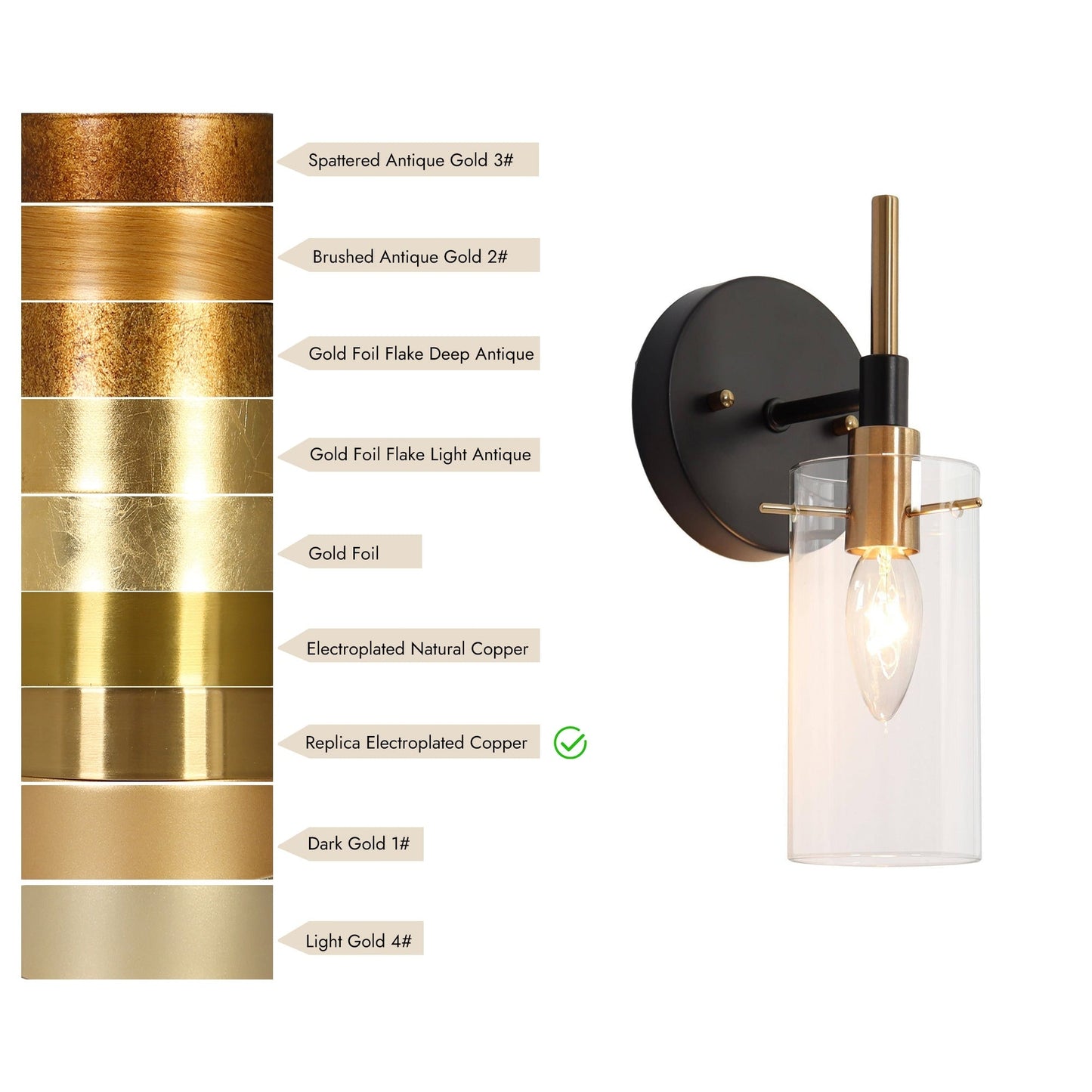 Moderne Bauernhaus-Wandleuchte mit 1 Licht, Schwarzgold, mit Glasschirm