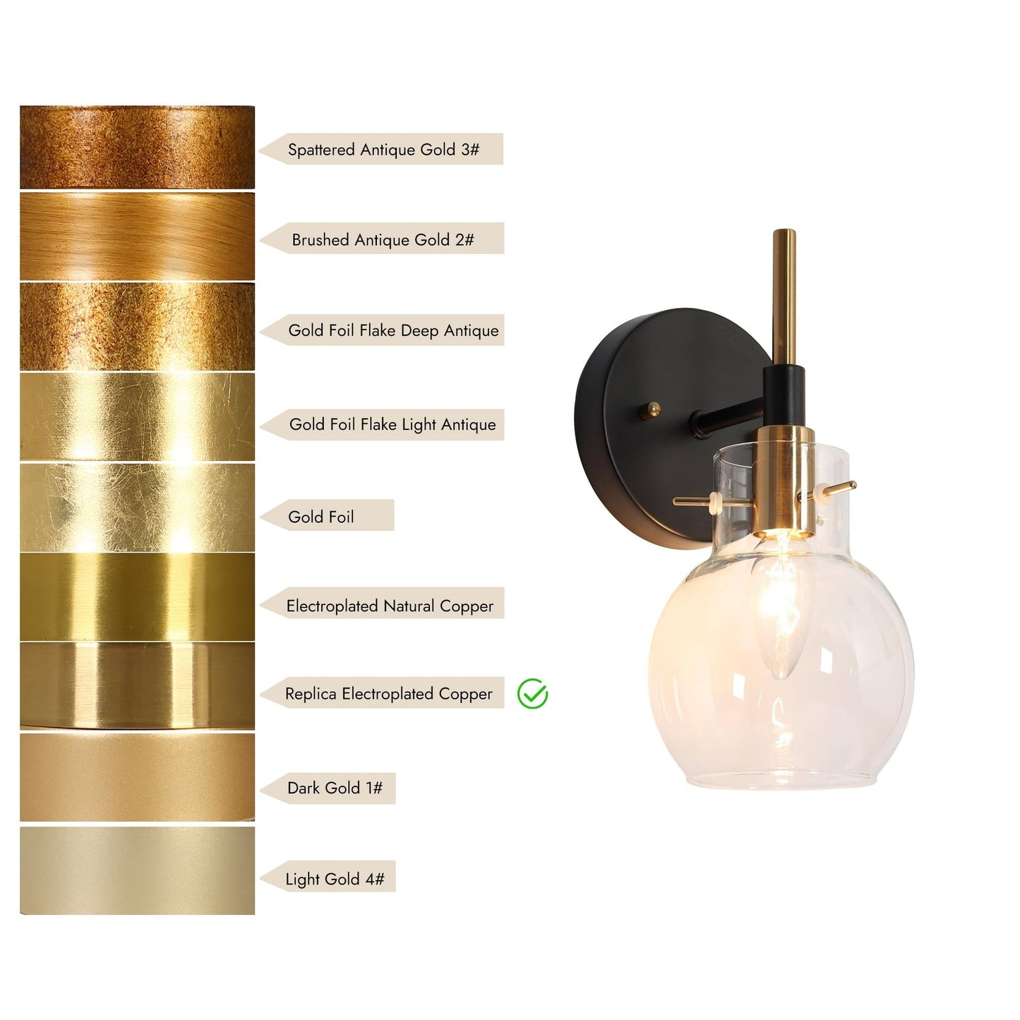 Moderne Bauernhaus-Wandleuchte mit 1 Licht, Schwarzgold, mit Glasschirm
