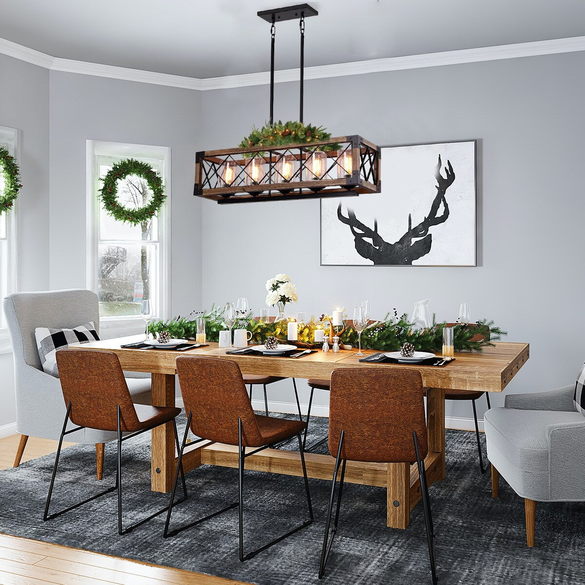 Moderner rechteckiger Kronleuchter im Landhausstil mit 5 Lichtern aus Holz und Saatglas, Kücheninselleuchten für das Esszimmer – 31,5 L x 8,75 B x 8 H
