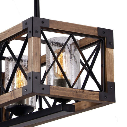 Moderner rechteckiger Kronleuchter im Landhausstil mit 5 Lichtern aus Holz und Saatglas, Kücheninselleuchten für das Esszimmer – 31,5 L x 8,75 B x 8 H