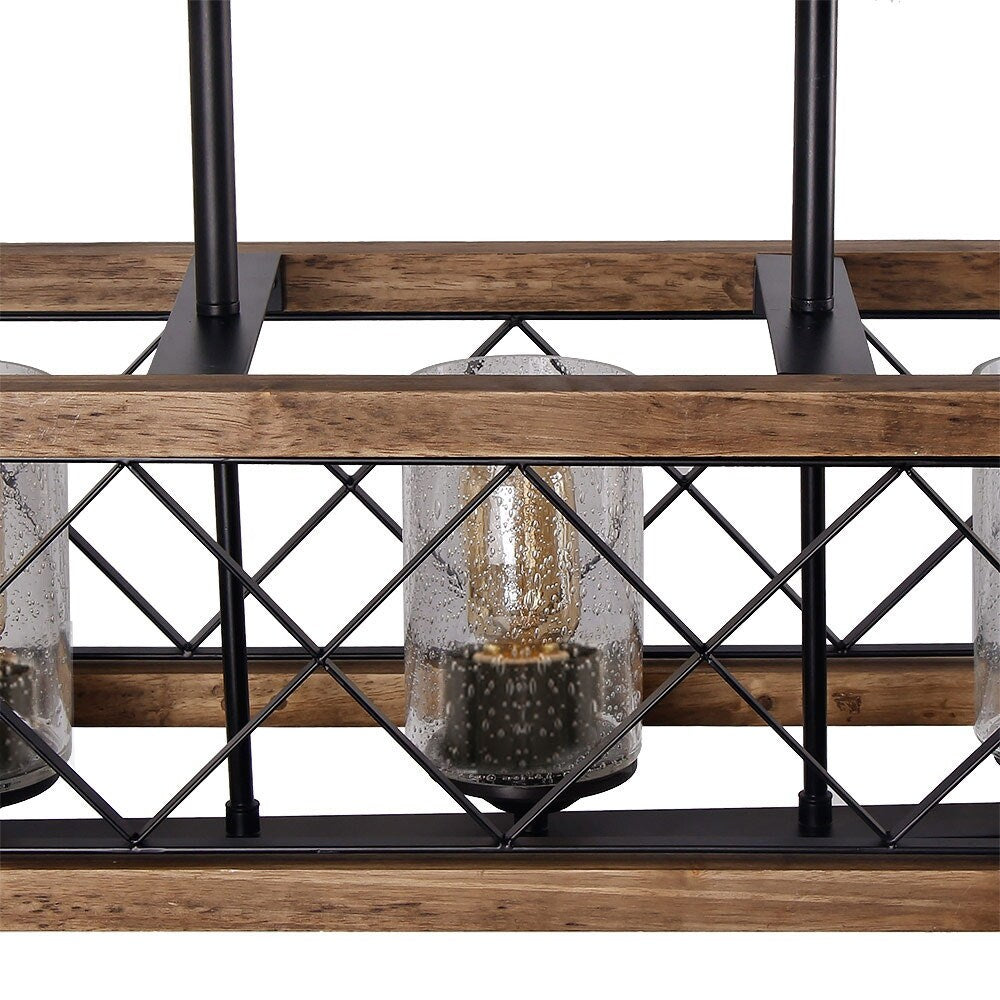 Moderner rechteckiger Kronleuchter im Landhausstil mit 5 Lichtern aus Holz und Saatglas, Kücheninselleuchten für das Esszimmer – 31,5 L x 8,75 B x 8 H