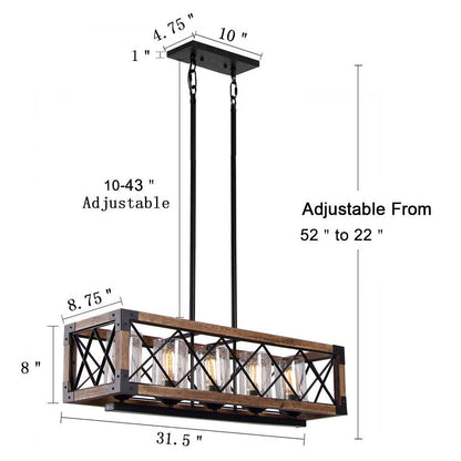 Moderner rechteckiger Kronleuchter im Landhausstil mit 5 Lichtern aus Holz und Saatglas, Kücheninselleuchten für das Esszimmer – 31,5 L x 8,75 B x 8 H