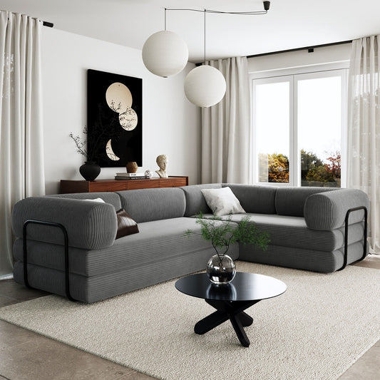 Modular L-Shaped Corduroy Sofa Bed Convertible Sectional 4-Seat Sofa with Wedge Cushions For Living Room Apartment
