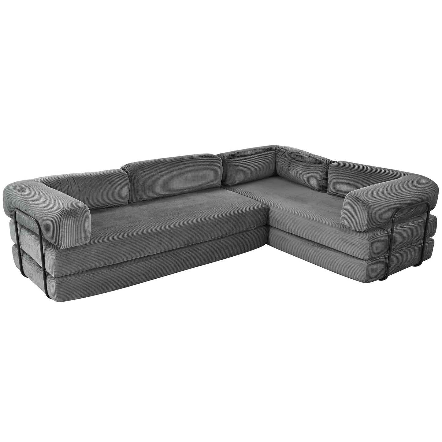 Modular L-Shaped Corduroy Sofa Bed Convertible Sectional 4-Seat Sofa with Wedge Cushions For Living Room Apartment
