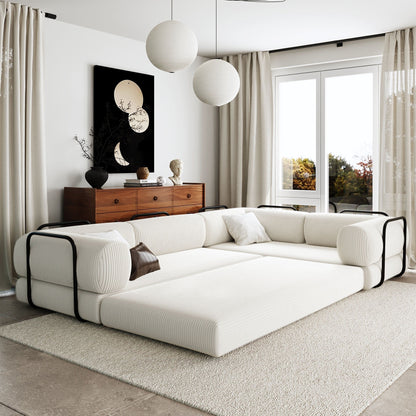 Modular L-Shaped Corduroy Sofa Bed Convertible Sectional 4-Seat Sofa with Wedge Cushions For Living Room Apartment