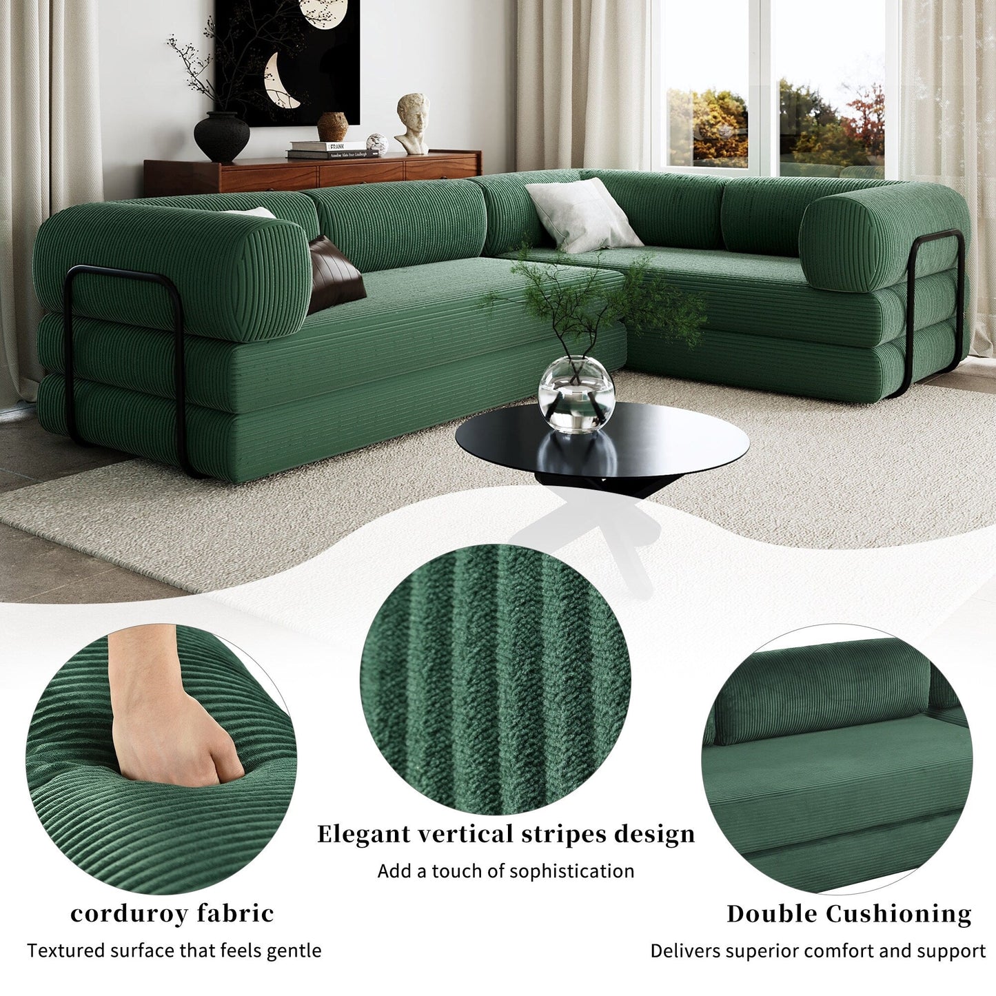 Modular L-Shaped Corduroy Sofa Bed Convertible Sectional 4-Seat Sofa with Wedge Cushions For Living Room Apartment