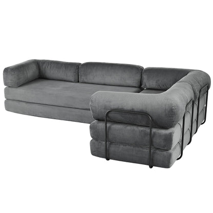 Modular L-Shaped Corduroy Sofa Bed Convertible Sectional 4-Seat Sofa with Wedge Cushions For Living Room Apartment