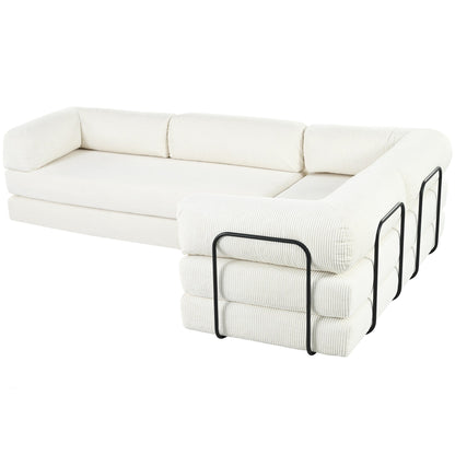 Modular L-Shaped Corduroy Sofa Bed Convertible Sectional 4-Seat Sofa with Wedge Cushions For Living Room Apartment
