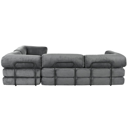 Modular L-Shaped Corduroy Sofa Bed Convertible Sectional 4-Seat Sofa with Wedge Cushions For Living Room Apartment