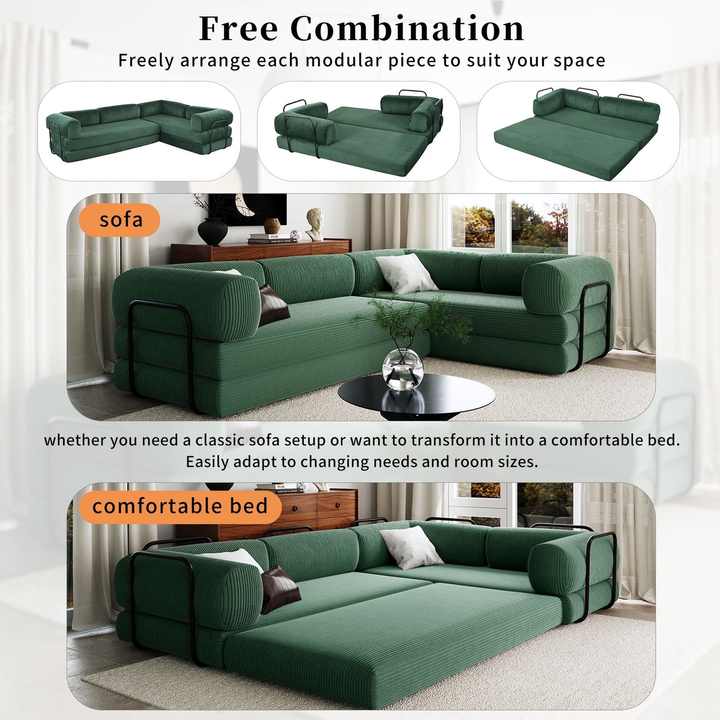 Modular L-Shaped Corduroy Sofa Bed Convertible Sectional 4-Seat Sofa with Wedge Cushions For Living Room Apartment