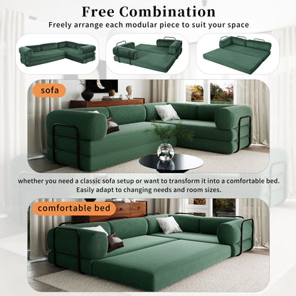 Modular L-Shaped Corduroy Sofa Bed Convertible Sectional 4-Seat Sofa with Wedge Cushions For Living Room Apartment