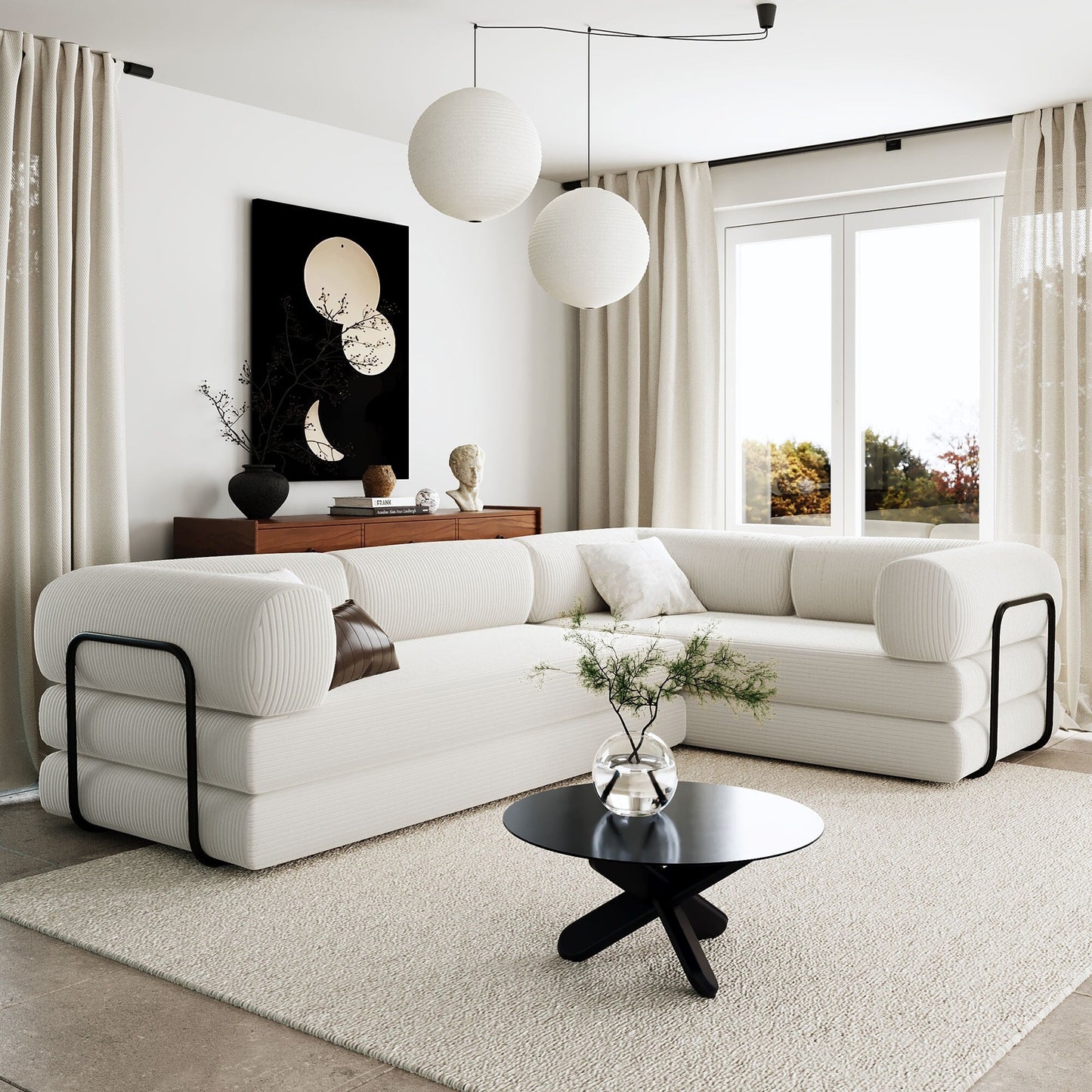 Modular L-Shaped Corduroy Sofa Bed Convertible Sectional 4-Seat Sofa with Wedge Cushions For Living Room Apartment