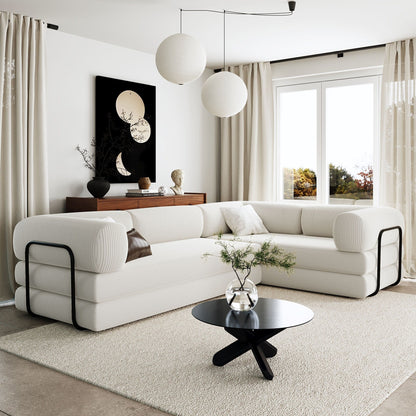 Modular L-Shaped Corduroy Sofa Bed Convertible Sectional 4-Seat Sofa with Wedge Cushions For Living Room Apartment