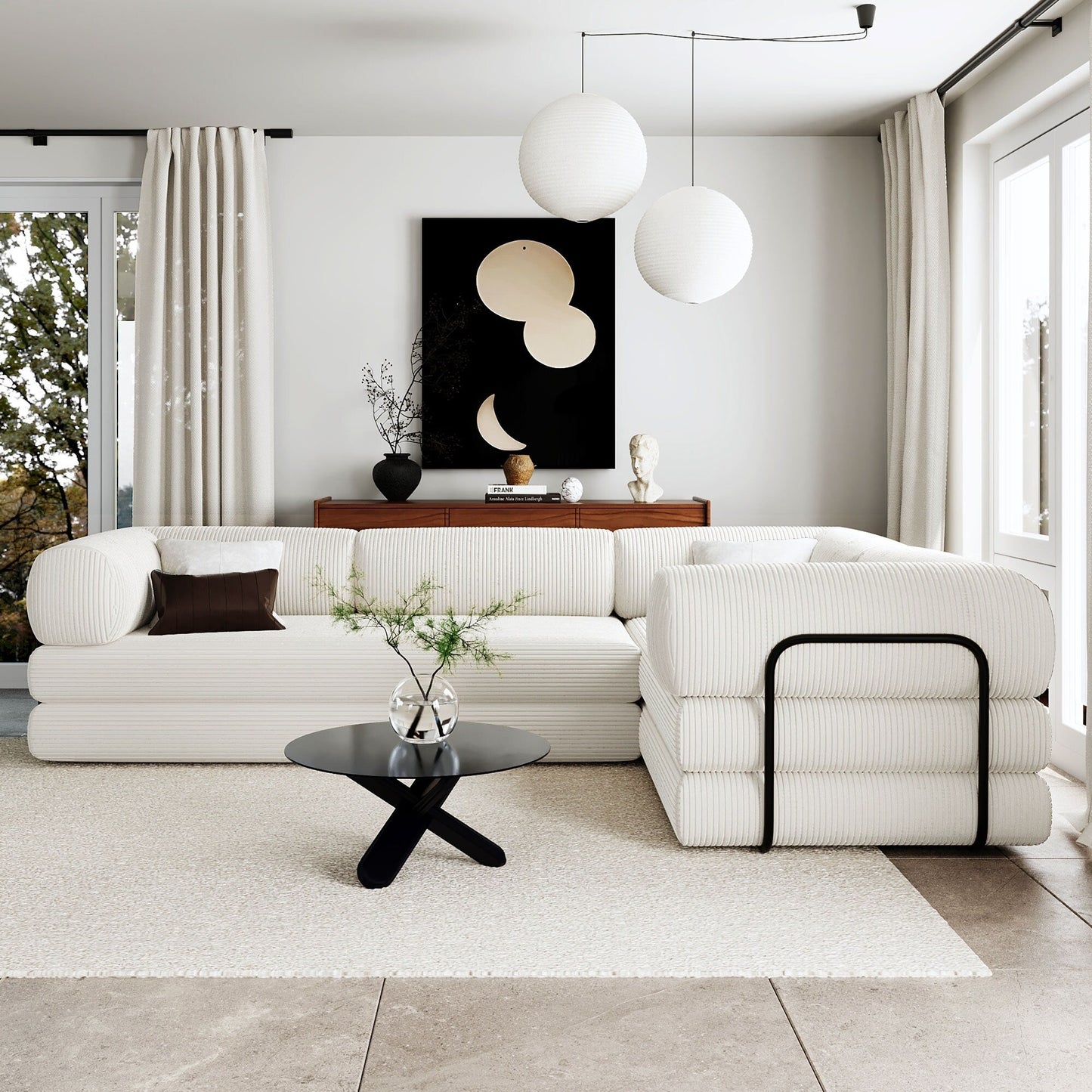 Modular L-Shaped Corduroy Sofa Bed Convertible Sectional 4-Seat Sofa with Wedge Cushions For Living Room Apartment