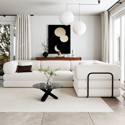 Modular L-Shaped Corduroy Sofa Bed Convertible Sectional 4-Seat Sofa with Wedge Cushions For Living Room Apartment
