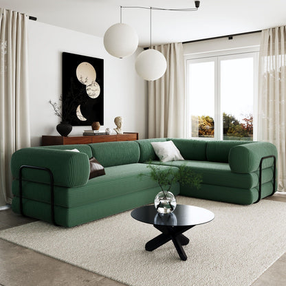 Modular L-Shaped Corduroy Sofa Bed Convertible Sectional 4-Seat Sofa with Wedge Cushions For Living Room Apartment