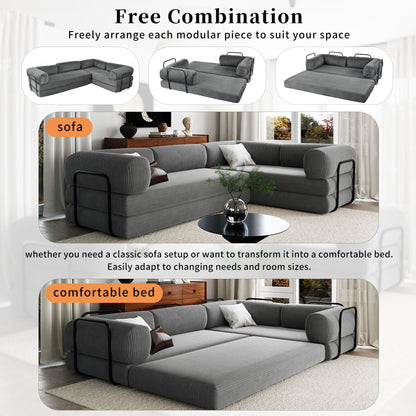 Modular L-Shaped Corduroy Sofa Bed Convertible Sectional 4-Seat Sofa with Wedge Cushions For Living Room Apartment