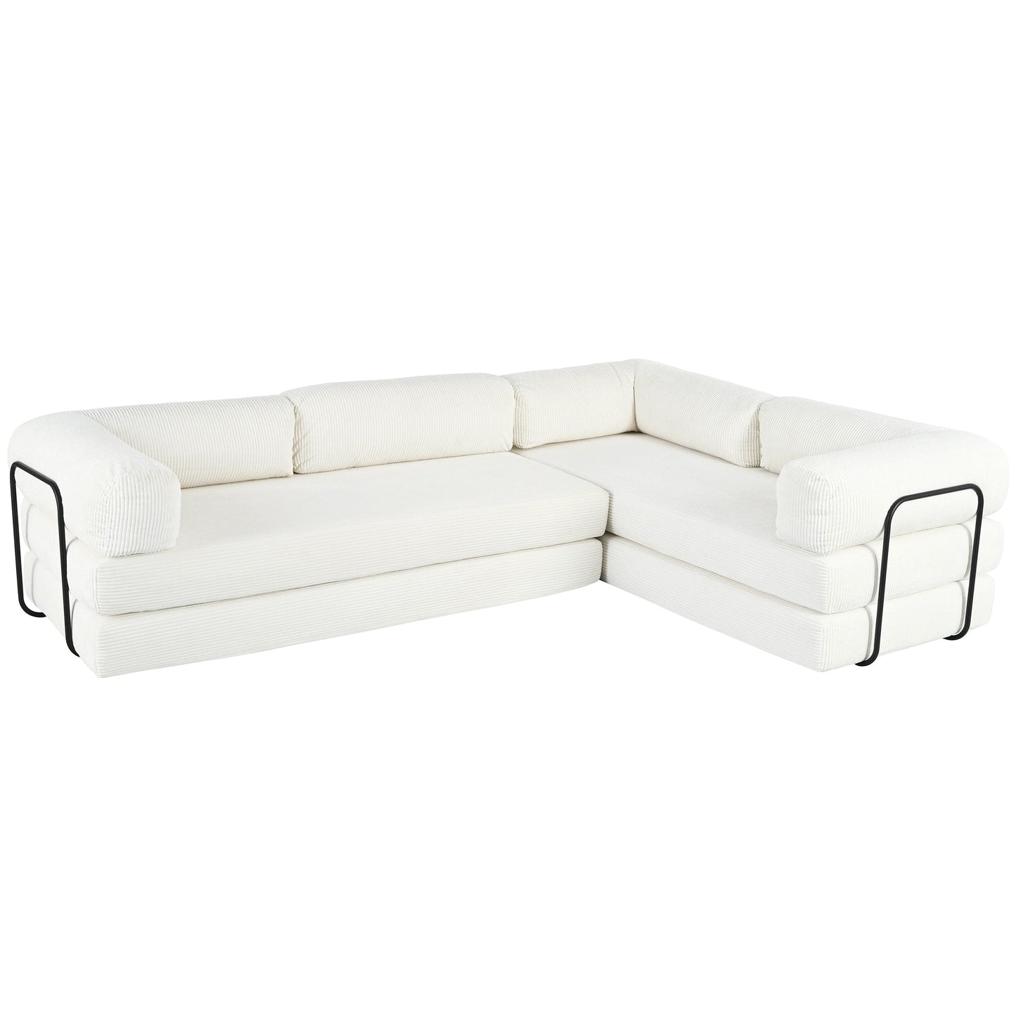 Modular L-Shaped Corduroy Sofa Bed Convertible Sectional 4-Seat Sofa with Wedge Cushions For Living Room Apartment