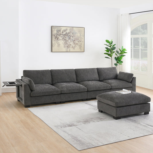 Modular L-Shaped Sectional Sofa with Foldable Table, Dual USB Charging, Side Storage Pockets and Movable Ottoman