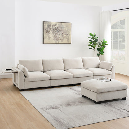 Modular L-Shaped Sectional Sofa with Foldable Table, Dual USB Charging, Side Storage Pockets and Movable Ottoman