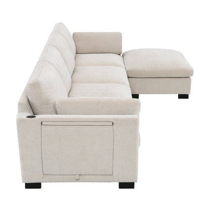 Modular L-Shaped Sectional Sofa with Foldable Table, Dual USB Charging, Side Storage Pockets and Movable Ottoman