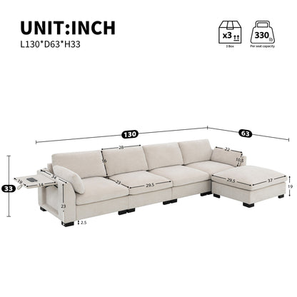 Modular L-Shaped Sectional Sofa with Foldable Table, Dual USB Charging, Side Storage Pockets and Movable Ottoman
