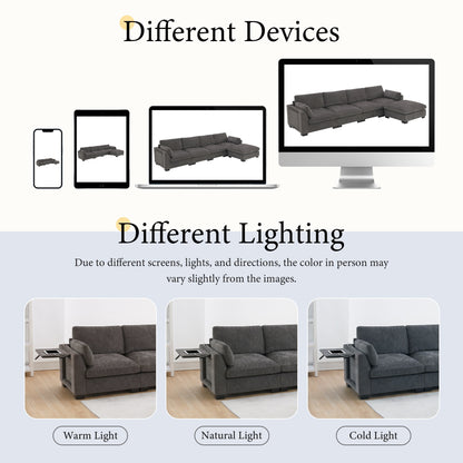 Modular L-Shaped Sectional Sofa with Foldable Table, Dual USB Charging, Side Storage Pockets and Movable Ottoman