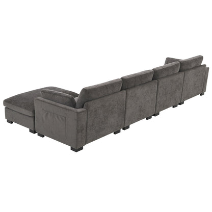 Modular L-Shaped Sectional Sofa with Foldable Table, Dual USB Charging, Side Storage Pockets and Movable Ottoman