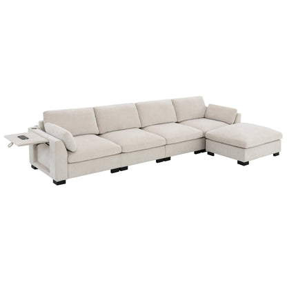 Modular L-Shaped Sectional Sofa with Foldable Table, Dual USB Charging, Side Storage Pockets and Movable Ottoman