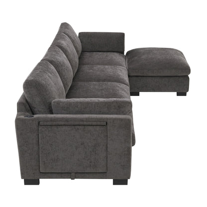 Modular L-Shaped Sectional Sofa with Foldable Table, Dual USB Charging, Side Storage Pockets and Movable Ottoman