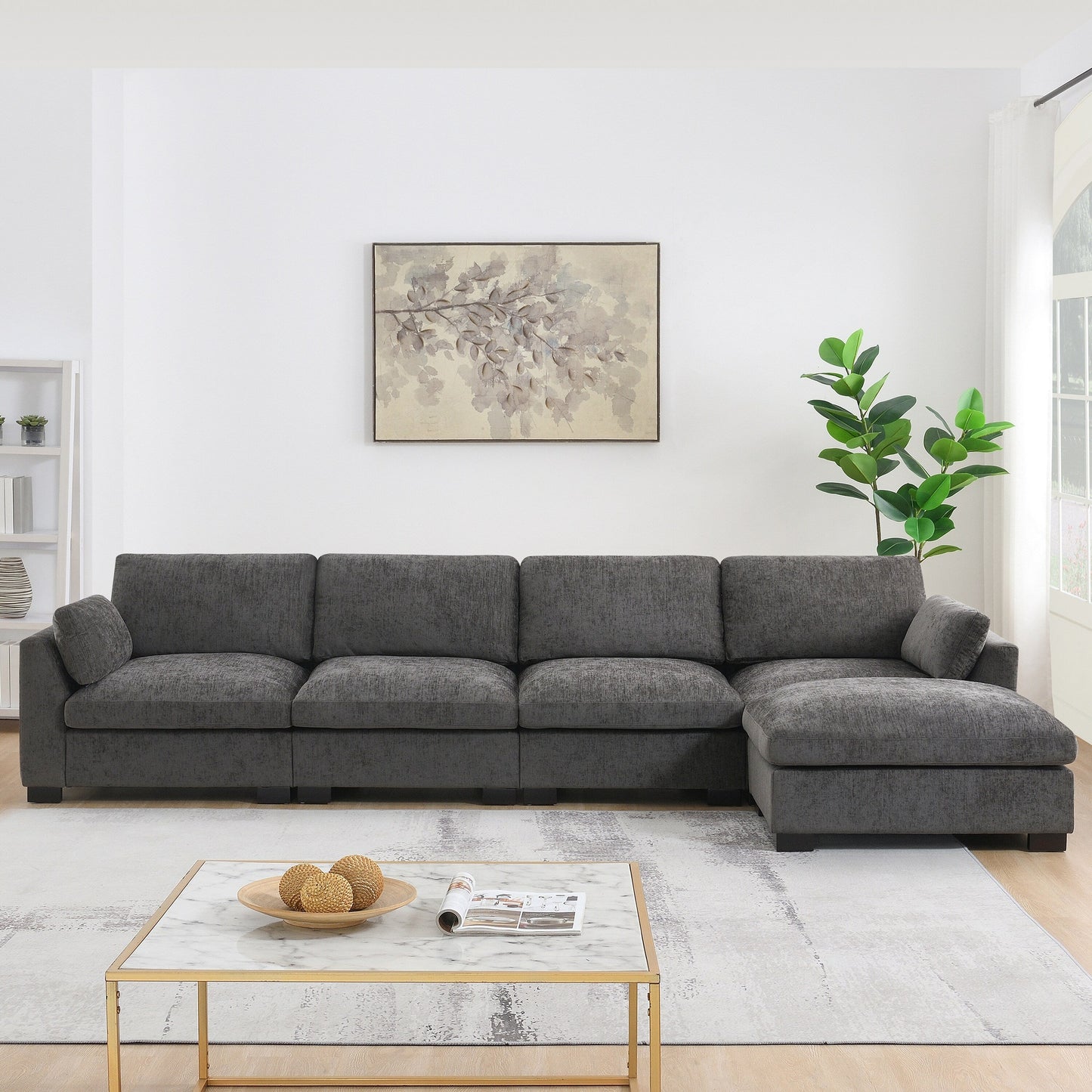 Modular L-Shaped Sectional Sofa with Foldable Table, Dual USB Charging, Side Storage Pockets and Movable Ottoman
