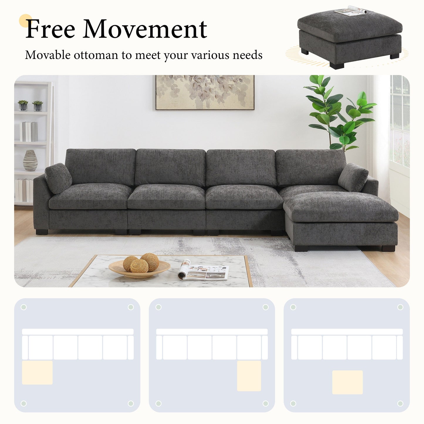 Modular L-Shaped Sectional Sofa with Foldable Table, Dual USB Charging, Side Storage Pockets and Movable Ottoman