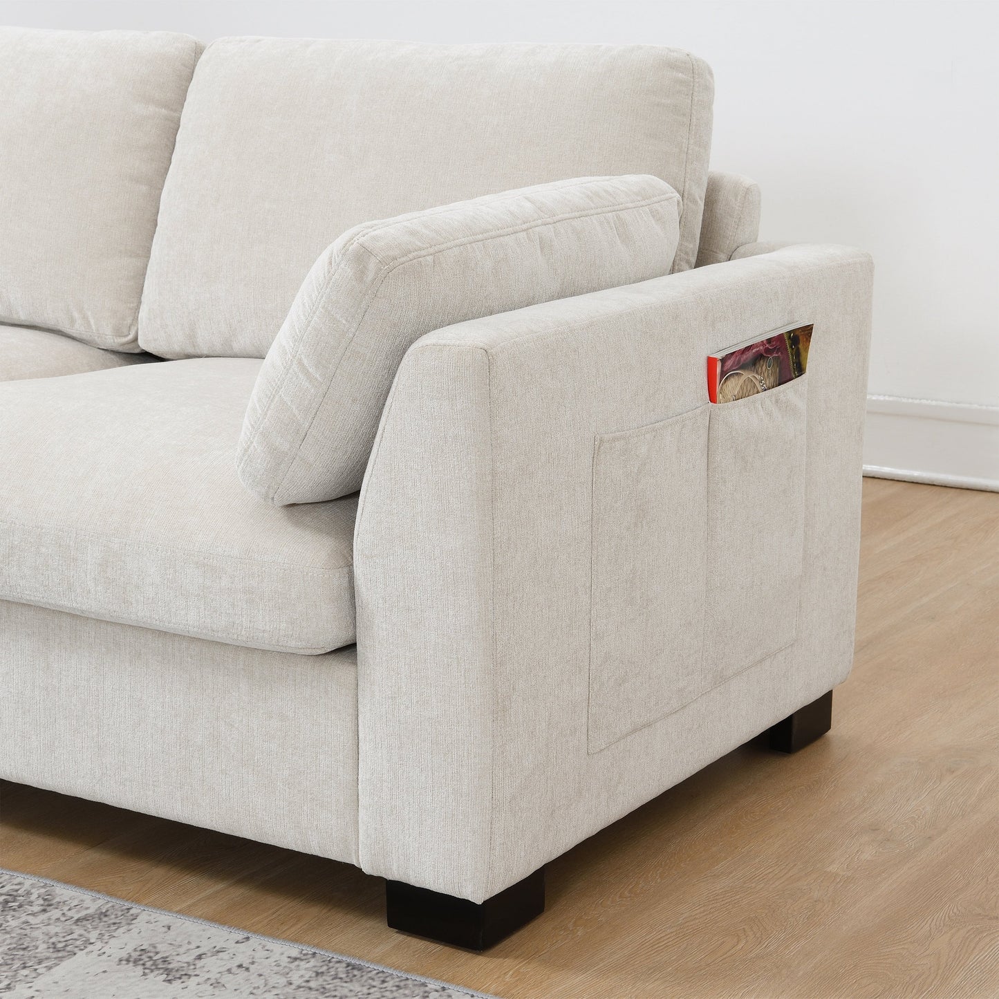 Modular L-Shaped Sectional Sofa with Foldable Table, Dual USB Charging, Side Storage Pockets and Movable Ottoman