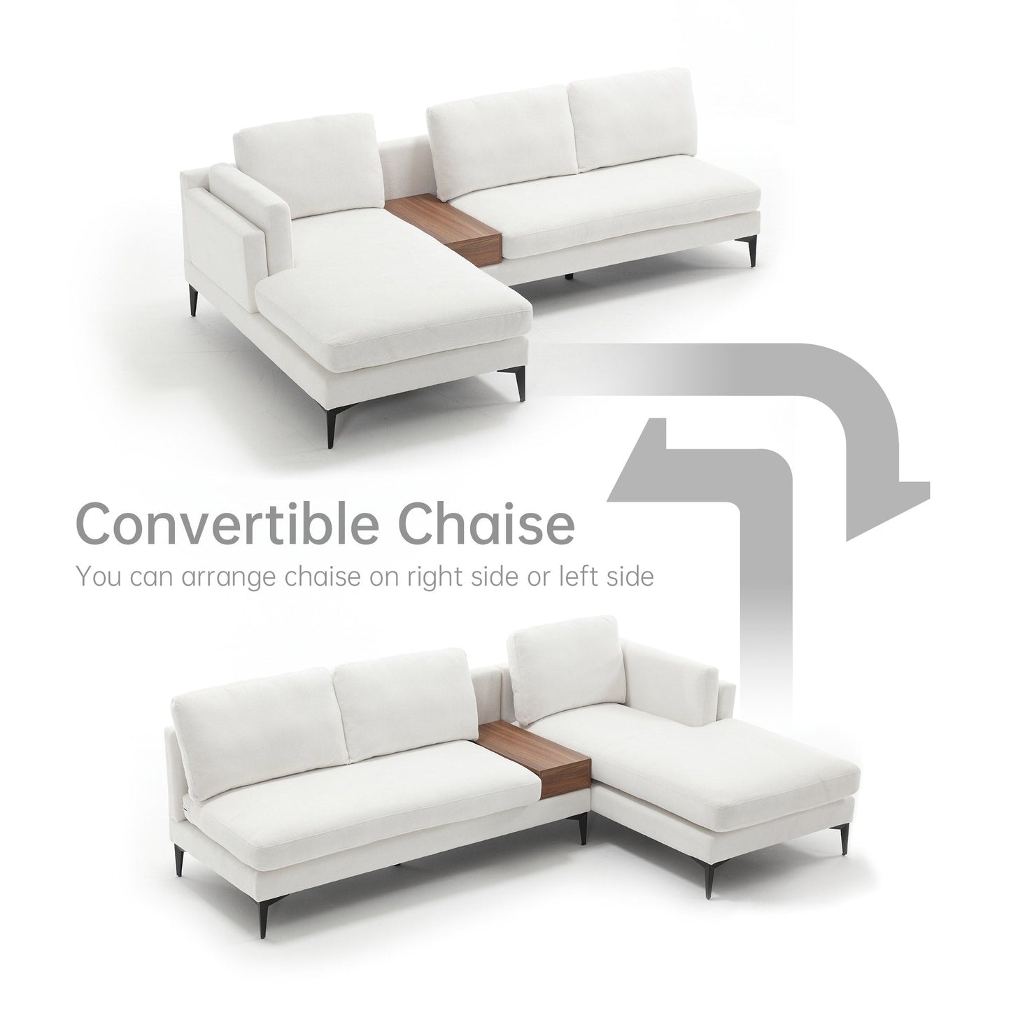 Modular L-shaped Sofa With a Reversible Design and Built-in Wooden Decorative Box