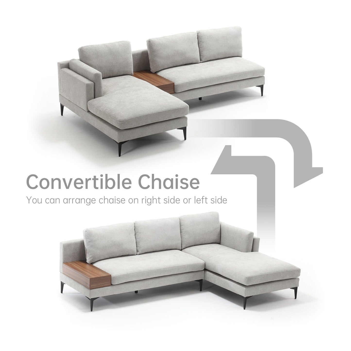 Modular L-shaped Sofa With a Reversible Design and Built-in Wooden Decorative Box
