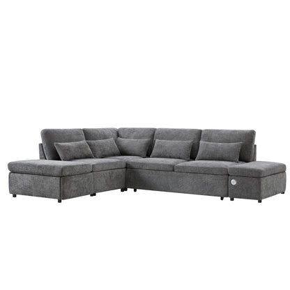 Modular Pull-Out Sectional Sofa Bed with Adjustable Charging Armrest and Storage Ottoman for Living Room Apartment