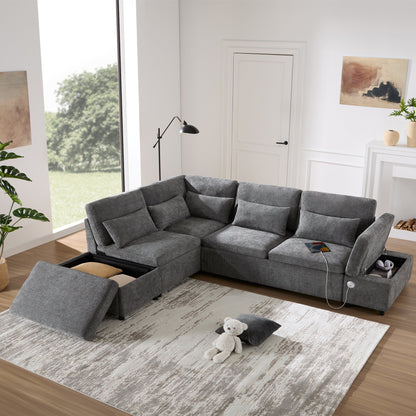 Modular Pull-Out Sectional Sofa Bed with Adjustable Charging Armrest and Storage Ottoman for Living Room Apartment