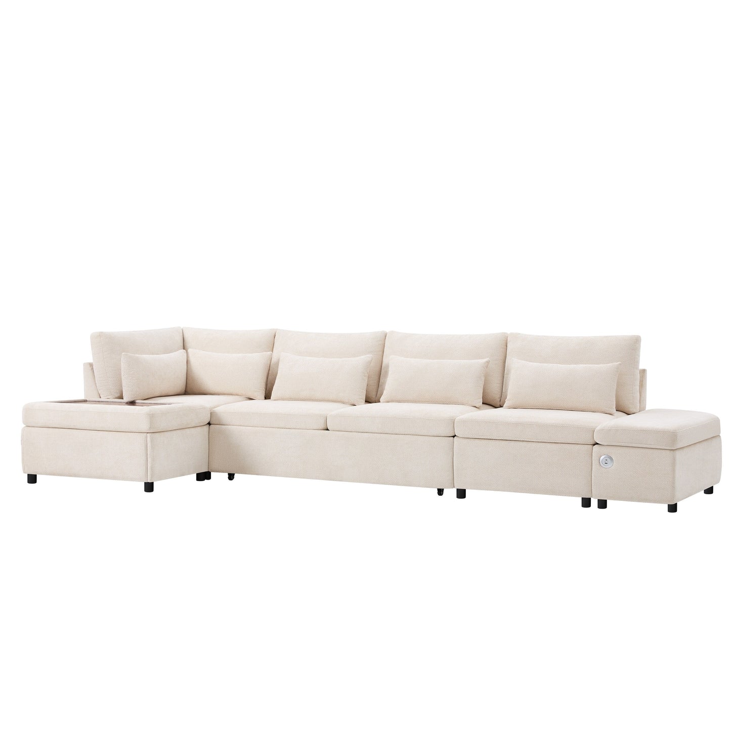 Modular Pull-Out Sectional Sofa Bed with Adjustable Charging Armrest and Storage Ottoman for Living Room Apartment