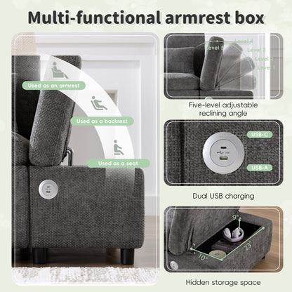 Modular Pull-Out Sectional Sofa Bed with Adjustable Charging Armrest and Storage Ottoman for Living Room Apartment
