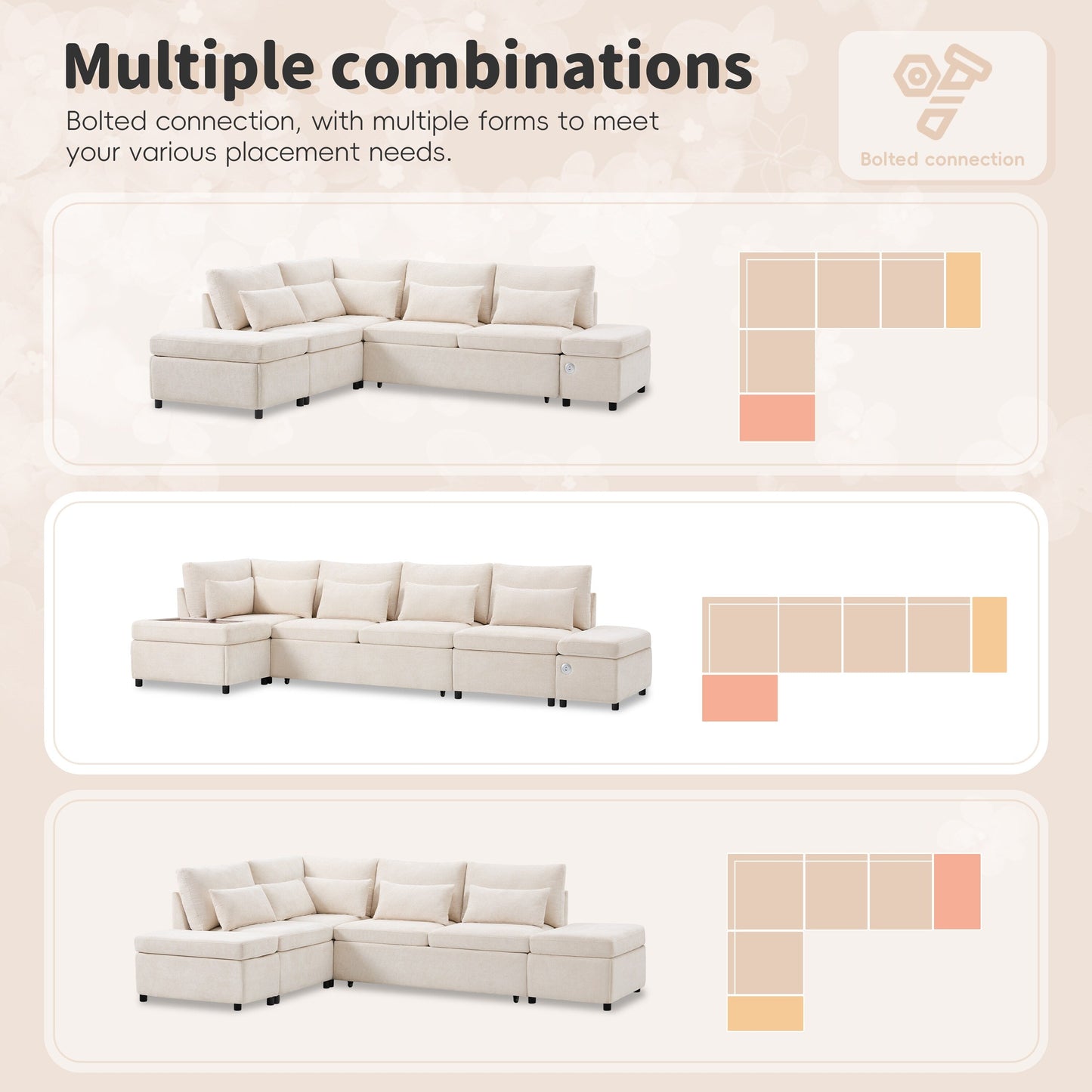 Modular Pull-Out Sectional Sofa Bed with Adjustable Charging Armrest and Storage Ottoman for Living Room Apartment