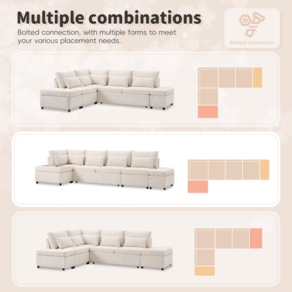 Modular Pull-Out Sectional Sofa Bed with Adjustable Charging Armrest and Storage Ottoman for Living Room Apartment