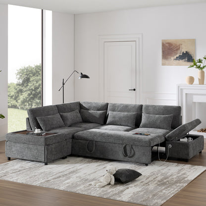 Modular Pull-Out Sectional Sofa Bed with Adjustable Charging Armrest and Storage Ottoman for Living Room Apartment