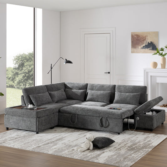 Modular Pull-Out Sectional Sofa Bed with Adjustable Charging Armrest and Storage Ottoman for Living Room Apartment