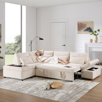 Modular Pull-Out Sectional Sofa Bed with Adjustable Charging Armrest and Storage Ottoman for Living Room Apartment