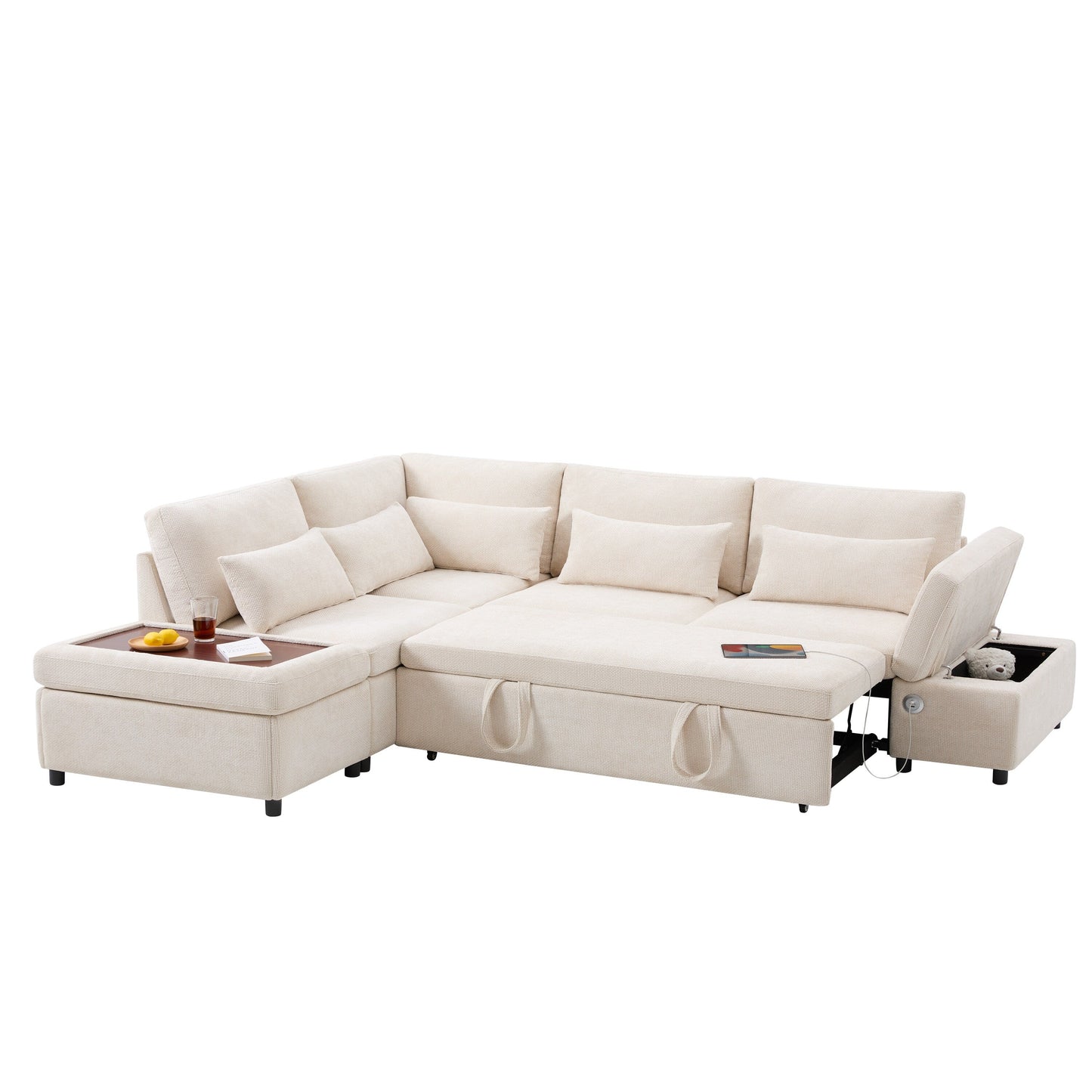Modular Pull-Out Sectional Sofa Bed with Adjustable Charging Armrest and Storage Ottoman for Living Room Apartment
