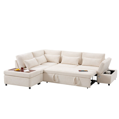 Modular Pull-Out Sectional Sofa Bed with Adjustable Charging Armrest and Storage Ottoman for Living Room Apartment