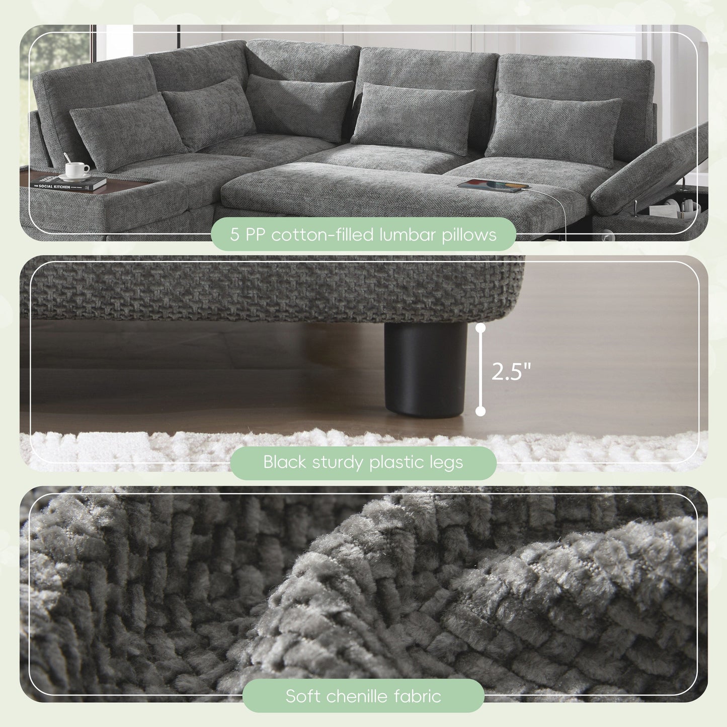 Modular Pull-Out Sectional Sofa Bed with Adjustable Charging Armrest and Storage Ottoman for Living Room Apartment